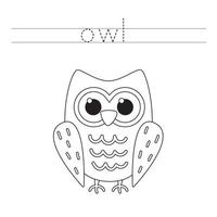 Trace word and color cute cartoon owl. vector