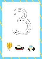 Cute flashcard how to write number 3. Worksheet for kids. vector