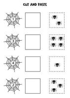 Math game for kids. Count and paste cute spiders. vector
