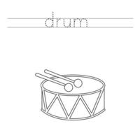 Trace word and color cartoon toy drum. vector