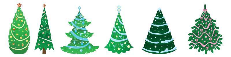Cute Christmas trees with toys and snow. New year decorations. vector