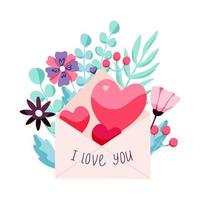 sobres dibujados a mano con corazones sobre un fondo floral. ilustración vectorial para el día de san valentín. mensaje de amor vector