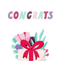 Congrats lettering with hand drawn gift box and floral elements in the background. Vector illustration with the inscription Congratulations