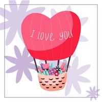 Hot air balloon with bouquets of flowers. Hand drawn vector illustration, Valentine's Day icon with caption I love you