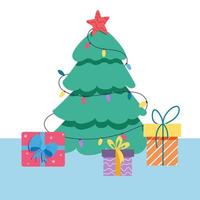 árbol de navidad con guirnalda de luces, estrella decorativa y cajas de regalo en la parte inferior. ilustración vectorial de vacaciones en estilo plano. concepto de año nuevo vector