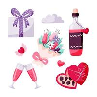 Festive Valentine's Day set of hand drawn elements. Red wine bottle with glasses, gift box, chocolates and a bouquet of flowers. Vector illustration