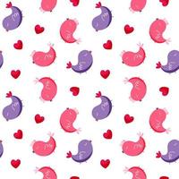 Seamless pattern with cute birds and hearts on a white background. Valentine's Day vector illustration. Endless texture for holiday design
