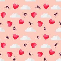 Seamless pattern with hearts and clouds on a delicate pink background. Valentines day vector endless texture for holiday decoration