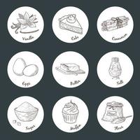 Conjunto de pegatinas de ilustración grabada de ingredientes para hornear. colección de bocetos de alimentos dibujados a mano para logotipo, receta, impresión, decoración de menú y diseño vector