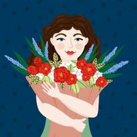 linda chica con flores ilustración vectorial en estilo de dibujos animados plana. mujer joven con un ramo de rosas. retrato de rostro femenino para tarjeta y web. feliz día de la mujer y concepto del día de la madre. vector