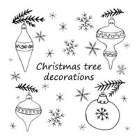 conjunto de elementos de diseño de decoraciones para árboles de Navidad, bola de cristal, carámbanos vector