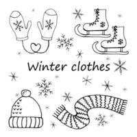 Set of winter clothes design elements, Hat, scarf, skates, mittens vector