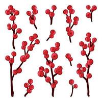 Christmas holly berry set, red berry, branches, twigs. Vector winter illustration isolated on white background for Christmas cards and decorative design.