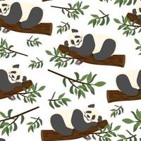 Bebé panda gigante perezoso durmiendo en el patrón transparente de vector de árbol. animal de la selva asiática descansando. personaje de mamífero salvaje soñando. selva, vida silvestre, textura de vivero de zoológico para textiles para niños, envoltura.