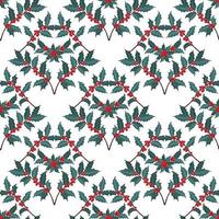 Seamless pattern with winter plants, holly berry, rowan branches. Festive American traditional ornate for New Year, Christmas. Hand drawn vector illustration for wrapping paper, textile printing