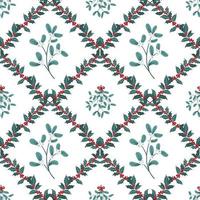 Vector Christmas seamless pattern with branches of mistletoe and ilex, holly. Design for fabric, wrapping paper, print, holidays decoration. Winter plants and berries template.