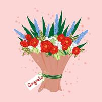 Beautiful flower bouquet. Congrats banner or greeting card template with bunch of flowers. Congratulations floral flat vector illustration for greeting card, poster, print, invitation