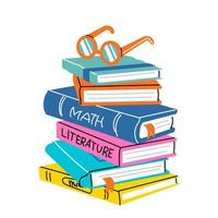 Stack of books. Pile of school textbooks. Hand drawn illustrations in cartoon style. Decorative graphic element. Education concept. Vector on white background