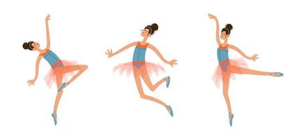 Set dancing ballerina in tutu costume in different poses. Hand drawn vector illustration in cartoon flat style