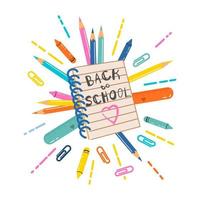 Notepad with pencils. Back to school concept. Hand drawn illustration in cartoon style. Education theme. Vector on white background