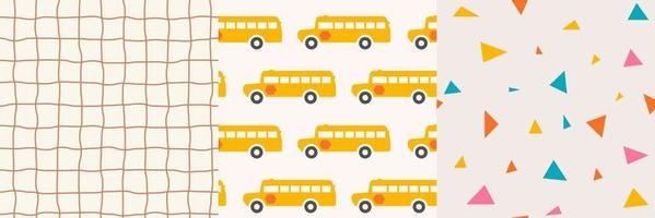 Seamless pattern collection. Back to school concept. Hand draw doodle illustration with bus, geometric figure, checkered. Vector