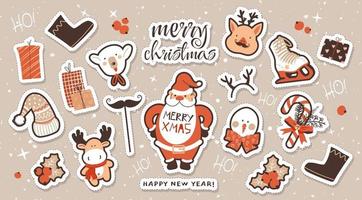 Christmas sticker collection. Hand drawn cute color illustrations. A set of graphic elements for design and decoration. Vector