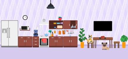 interior de cocina púrpura con un gato y un perro vector