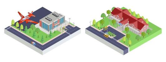 isometric airport and small town school vector