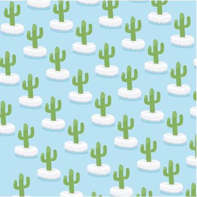 Vector Illustration Of Cactus On Clouds Pattern and Blue Colors Background.
