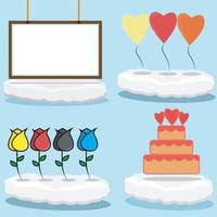 Vector Illustration of Icon White Board. Balloons, Roses, Cake On Clouds and Blue Color Background.