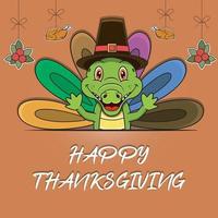 Happy Thanksgiving Greeting Card, Poster, or flyer Celebration Design With Crocodile Character. vector