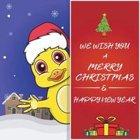 Merry Christmas Greeting Card, Flyer, Invitation, and Poster. Cute Duck Character Design Wearing Hat. vector