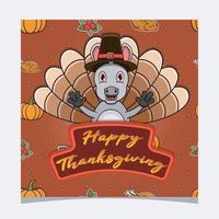 Happy Thanksgiving Card With Cute Donkey Character Design. Greeting Card, Poster, Flyer and Invitation. vector