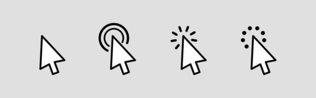 Computer mouse click cursor in arrow icons set. Clicking cursor effect and waiting loading icons. Vector illustration.