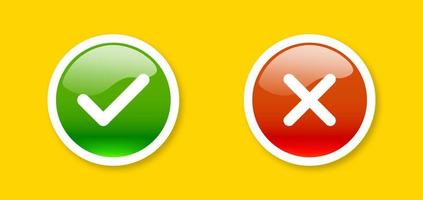 Green check mark and red cross buttons in 3d realistic style. Vector illustration.