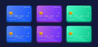 Plastic bank card design template set. Isolated credit or debit cards mockup with colourful gradient style concept. vector