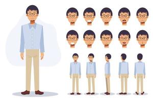 Character of a man wear casual clothing with glasses in various views,Flat vector 2D Cartoon character illustration.