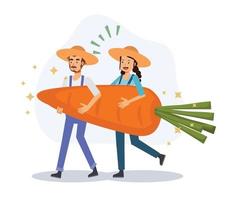 agriculture concept, 2 of farmer are holding a big carrot. Happy farmer after harvest because got a lot of profit.Flat vector 2D cartoon character illustration.