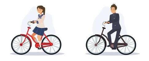 concepto de transporte La vida cotidiana en Japón, estudiante japonés montando bicicleta a la escuela ilustración de personaje de dibujos animados 2d de vector plano.