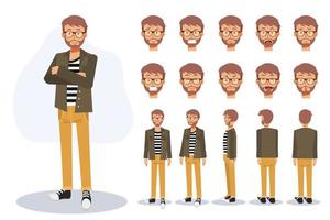 Hombre casual, personaje animado de vista frontal, lateral y posterior. creación de personajes vectoriales planos con varias vistas, estilo de dibujos animados, ilustración vectorial plana. emoción. vector