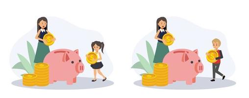 Mother is teaching her kid how to save money, Saving money concept ,piggy bank. Flat vector 2D cartoon character illustration.