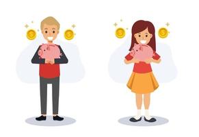 Savings money concept finance, Kid collected money in piggy bank.kid holding piggy bank.Flat vector 2D cartoon character illustration.
