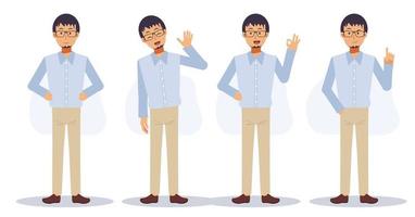 A man with glasses in various gesture,confident, hi,Ok hand gesture, thinking something out. Flat vector 2D cartoon character illustration.