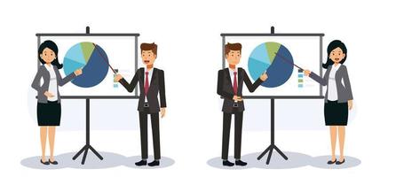 Business concept.Business people is present thing the project,showing graph.Flat vector 2D cartoon character illustration.