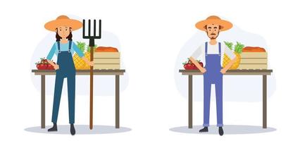 agriculture concept,farmer market, Set of farmer is standing in front of their product.Flat vector 2D cartoon character illustration.