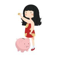 little girl putting coin a Piggy bank cartoon vector