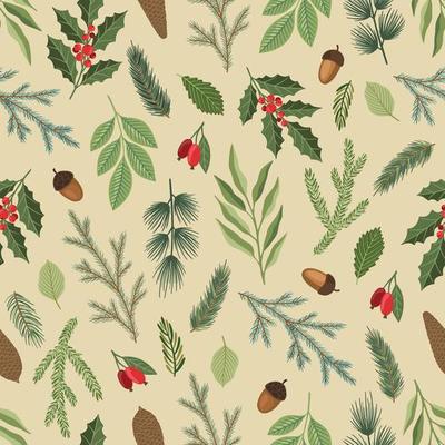 Christmas seamless pattern. Pine twigs, red berries, snowflakes. Season greeting digital paper. Winter Xmas holidays