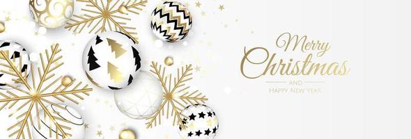 Feliz navidad y próspero año nuevo. Fondo festivo de Navidad con objetos 3d realistas, bolas azules y doradas. vector