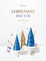 3D circle podium display with Christmas tree. Winter holiday background. vector