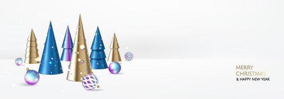 Merry Christmas and Happy New Year. Xmas Festive background with realistic 3d objects, blue and gold balls, conical christmas tree. Levitation falling design composition. vector